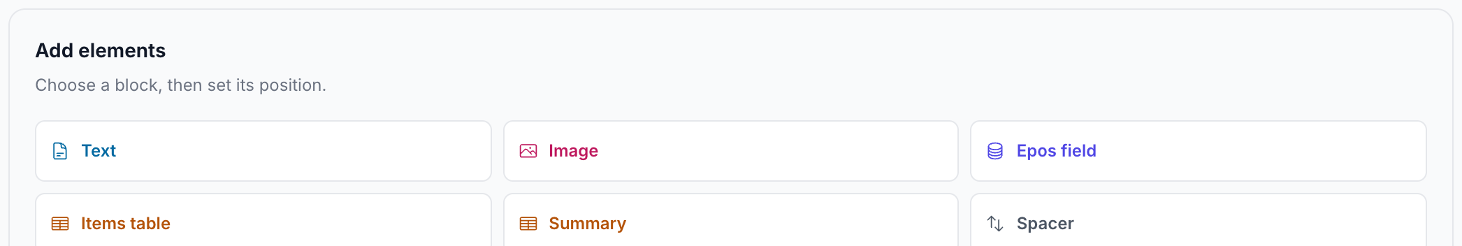 Add elements controls for Text, Image, Epos field, Items table, Summary and Spacer