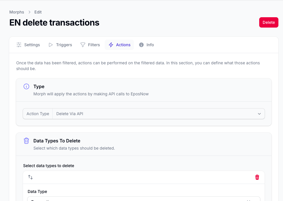 The Delete Via API action settings in the Morph editor