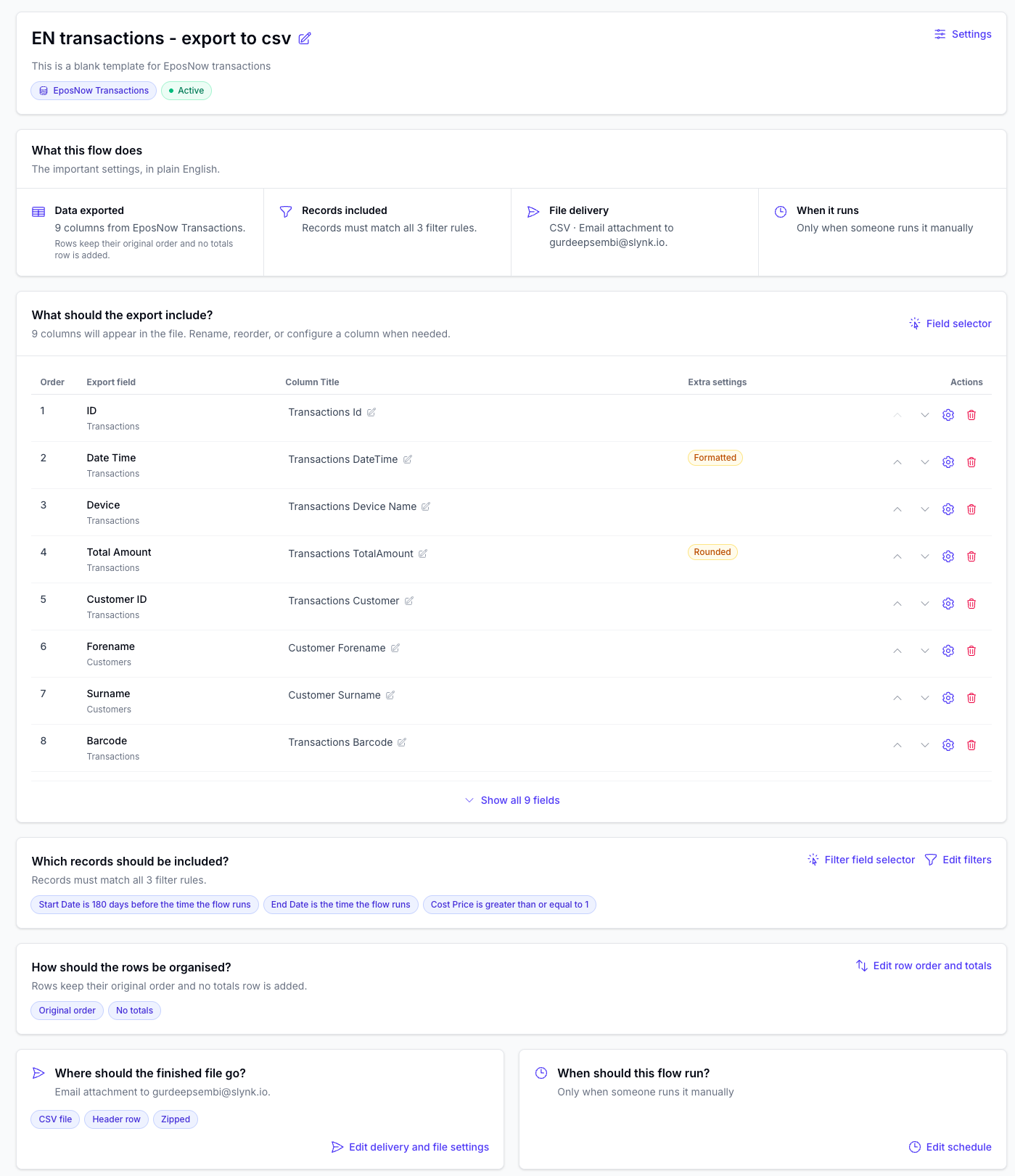 The complete Flow export builder, showing the flow details, summary, export fields, filters, row organisation, delivery, and schedule