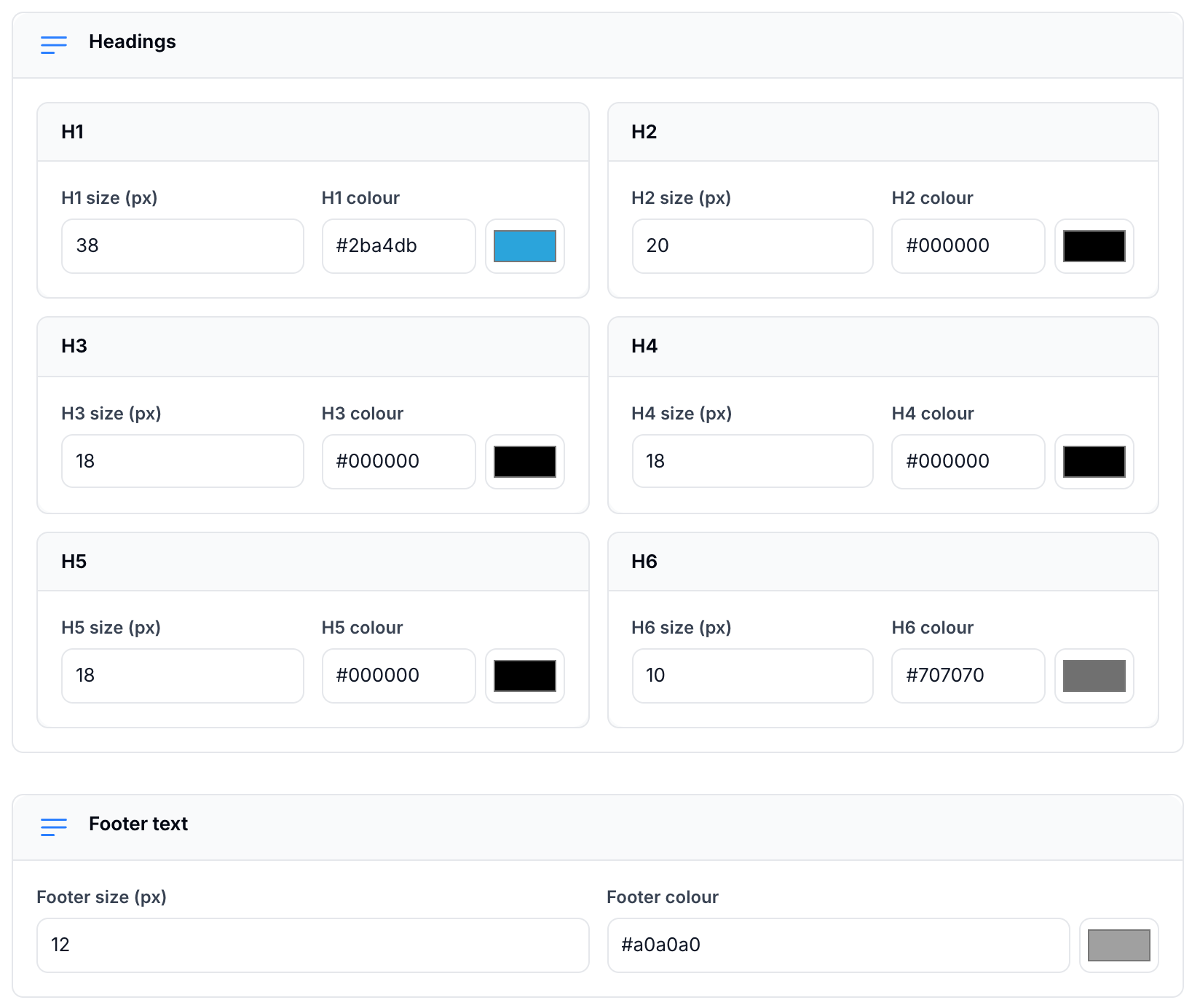 Heading and footer font size and colour settings