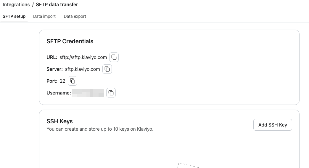 The Klaviyo SFTP setup page showing the SFTP credentials and Add SSH Key button