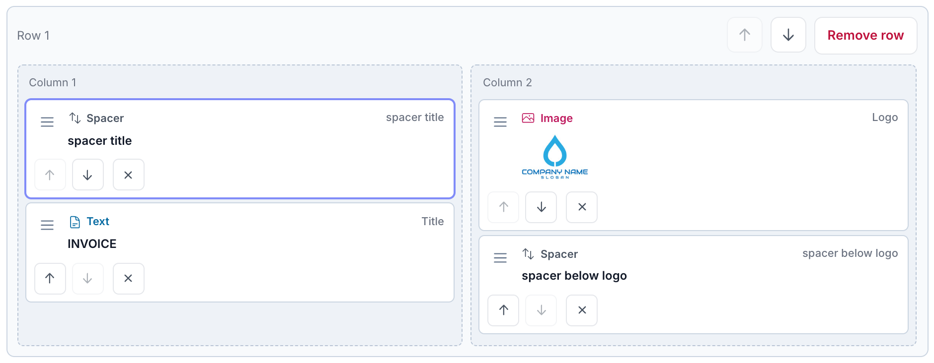 A layout row with two columns, block edit targets, movement arrows and remove controls