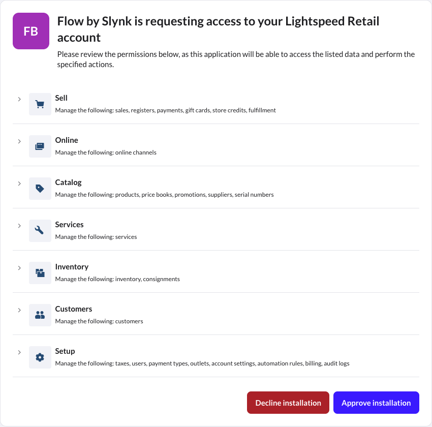 Lightspeed approval page for Flow by Slynk