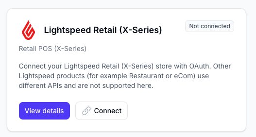Lightspeed Retail X-Series connection card showing the Connect action
