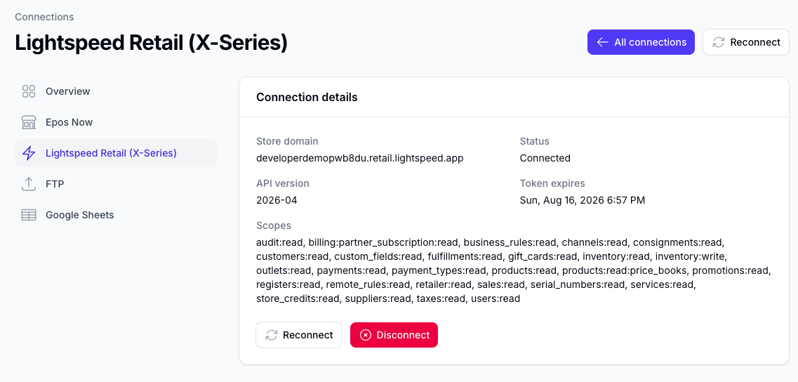 Connected Lightspeed Retail X-Series details in Flow