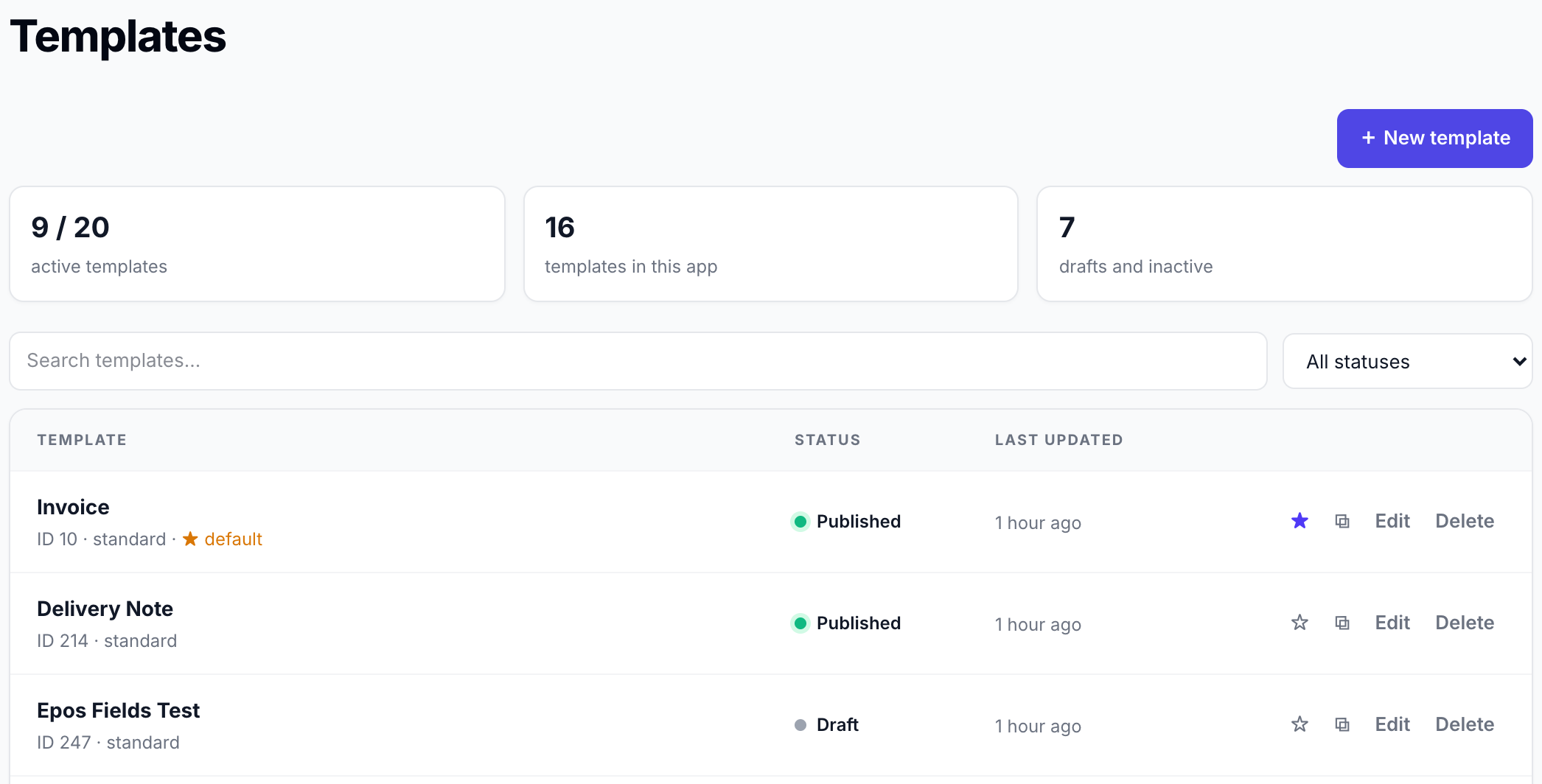 Template list with status, last updated information, default star and template actions