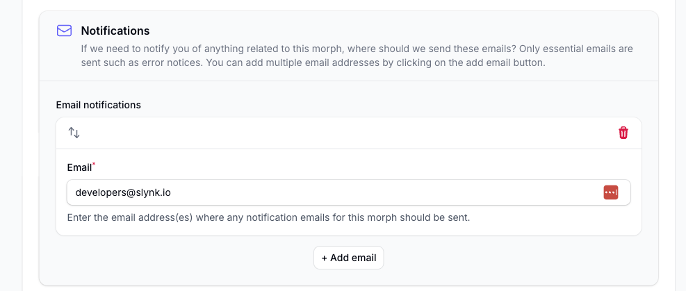 Notification email settings in the Morph editor