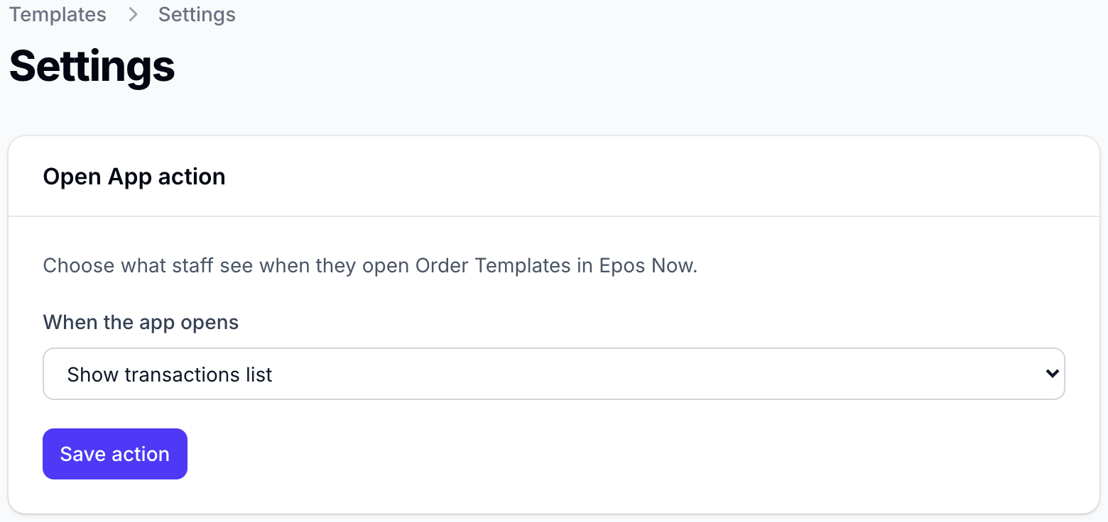 Open App action selector and Save action button