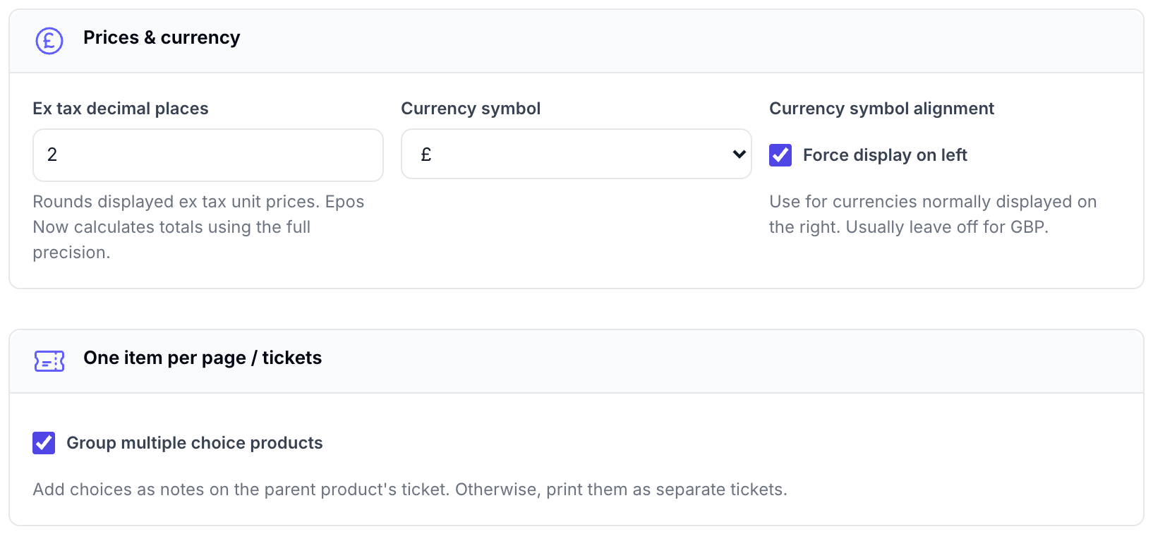 Epos Now price, currency and ticket settings