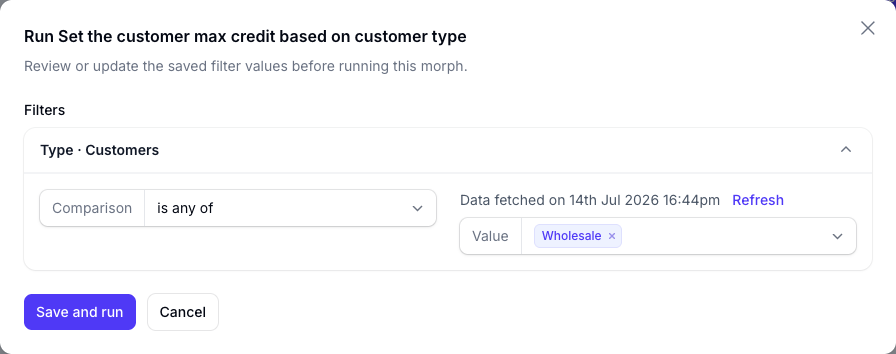 Edit filter values before running a morph