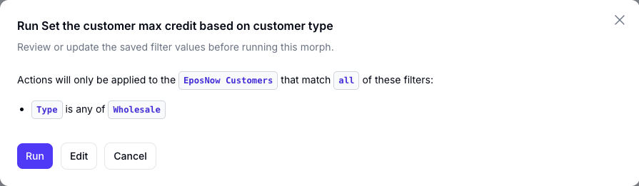 Review filters before manually running a morph