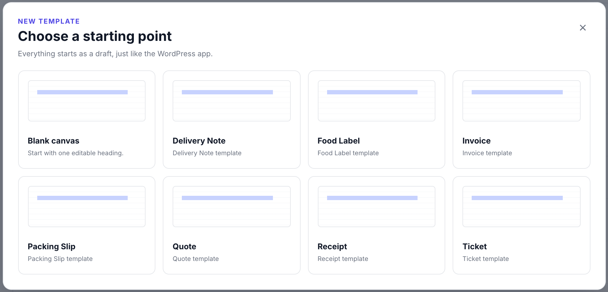 Starting templates available when choosing New template