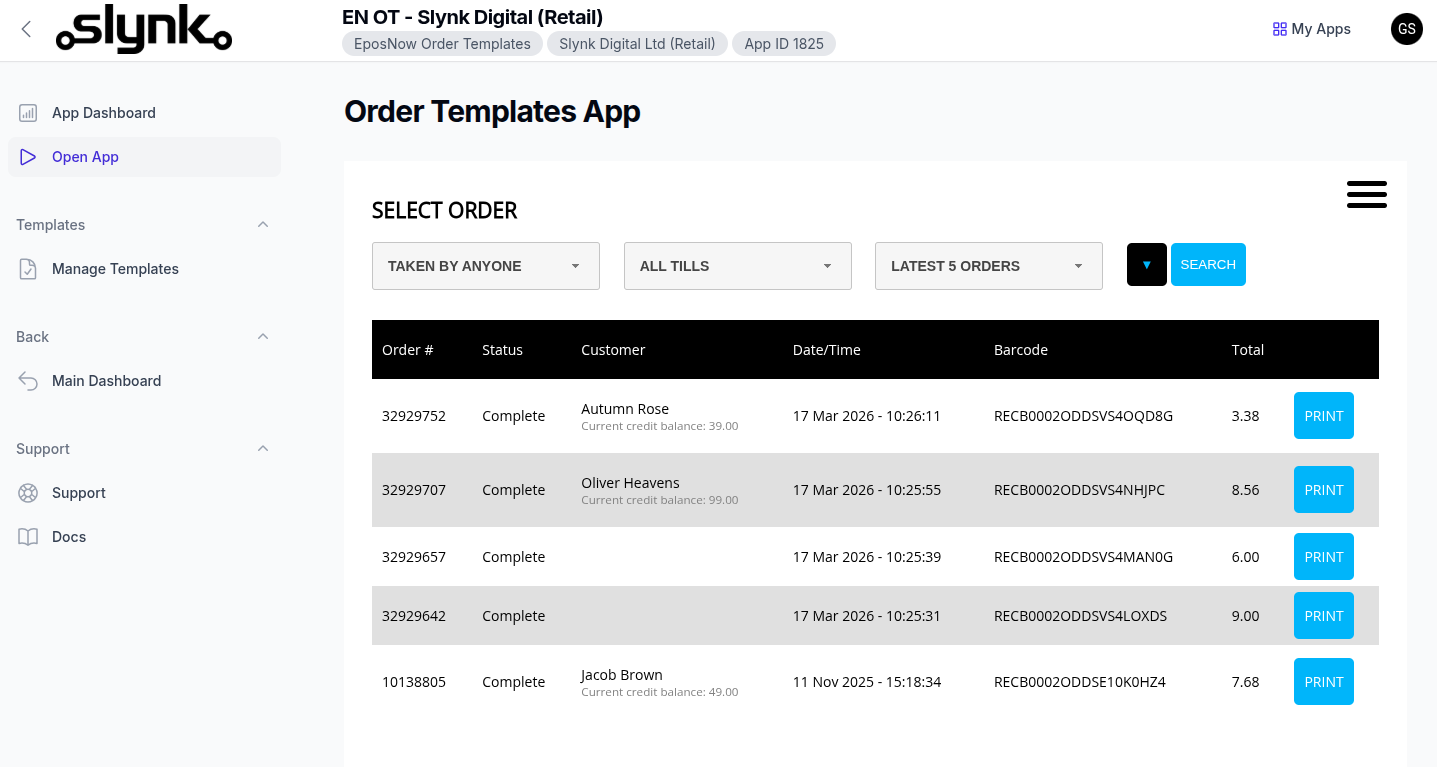 Order Templates app on the dashboard